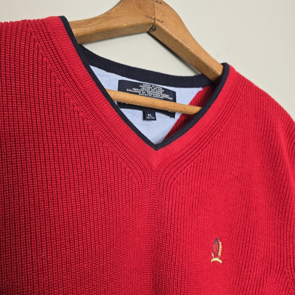 Tommy Hilfiger Mens Red Ribbed Cotton V-Neck Sweater Vest XL Crest Logo Navy - Picture 6 of 12